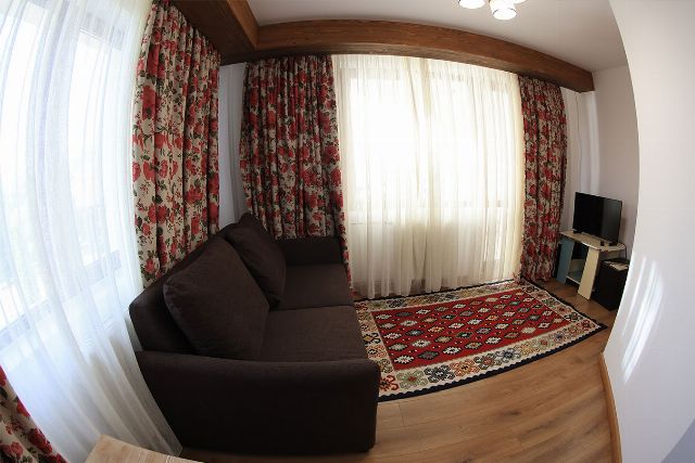 Spațiul de zi al apartamentului 1 din Vila Rebeca, cu canapea, televizor și fereastră mare