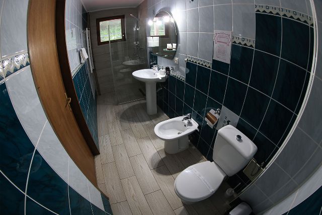 Baia proprie a camerei 1 din Vila Rebeca, cu duș, chiuvetă și faianță decorativă