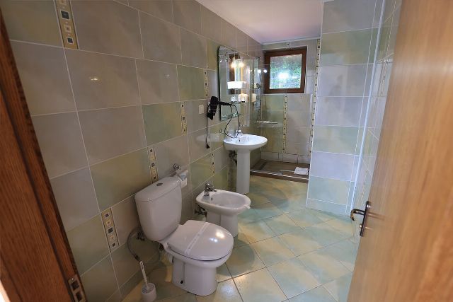 Baia proprie a camerei 3 din Vila Rebeca, cu duș, chiuvetă și faianță decorativă