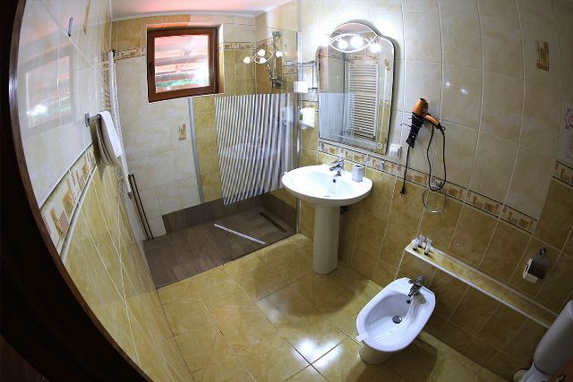 Baia proprie a camerei 5 din Vila Rebeca, cu duș, chiuvetă și faianță decorativă